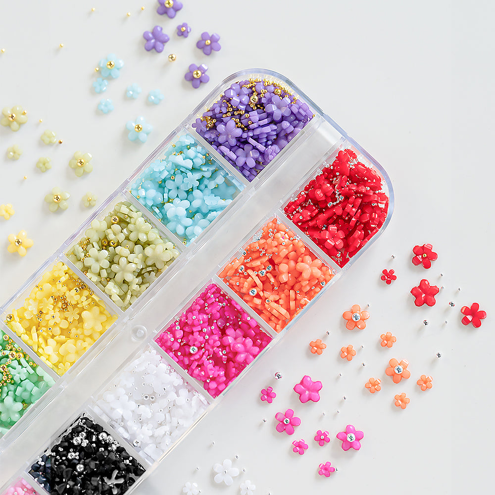 3D Flower Nail Art Charms for Women & Girls-12 Colors with Rhinestones & Caviar Beads DIY Easter Design Resin Material