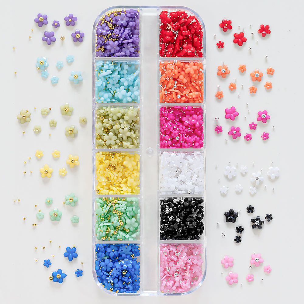 3D Flower Nail Art Charms for Women & Girls-12 Colors with Rhinestones & Caviar Beads DIY Easter Design Resin Material