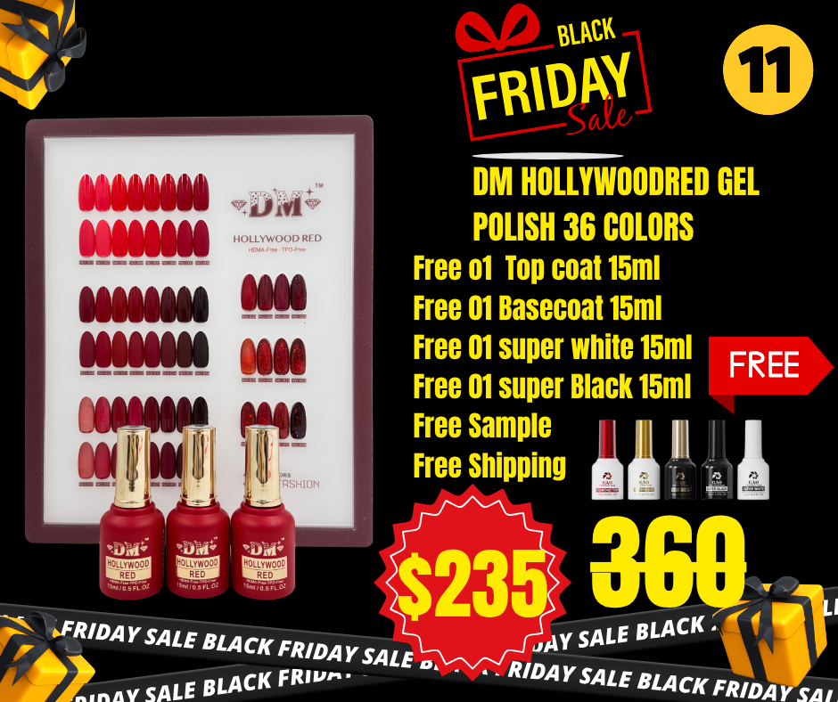 BF11: DM Hollywood Red Gel polish Collection 36 colors Free Sample, Free 01 Topcoat 15ml; Free 01 Basecoat 15ml; Free 01 Super White 15ml; Free Super Black 15ml