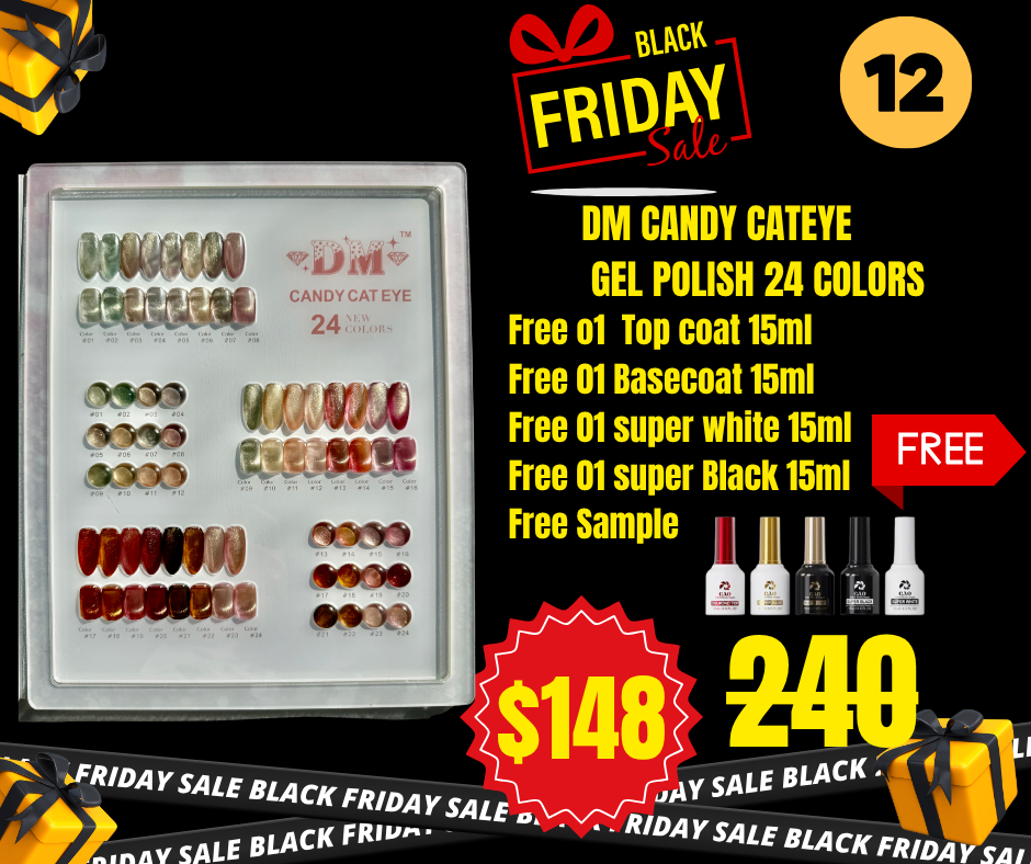 BF12: DM Candy Cat Eye Gel polish Collection 24 colors Free Sample, Free 01 Topcoat 15ml; Free 01 Basecoat 15ml; Free 01 Super White 15ml; Free Super Black 15ml