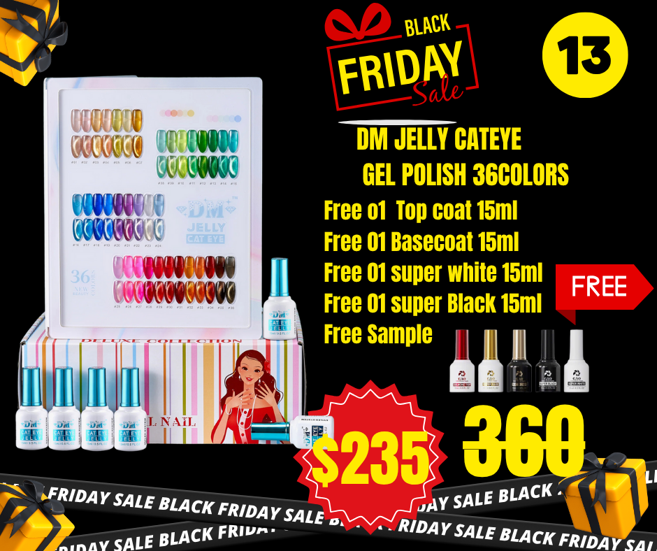 BF13: DM Jelly Cat Eye Gel Polish Collection 36 colors Free Sample, Free 01 Topcoat 15ml; Free 01 Basecoat 15ml; Free 01 Super White 15ml; Free Super Black 15ml