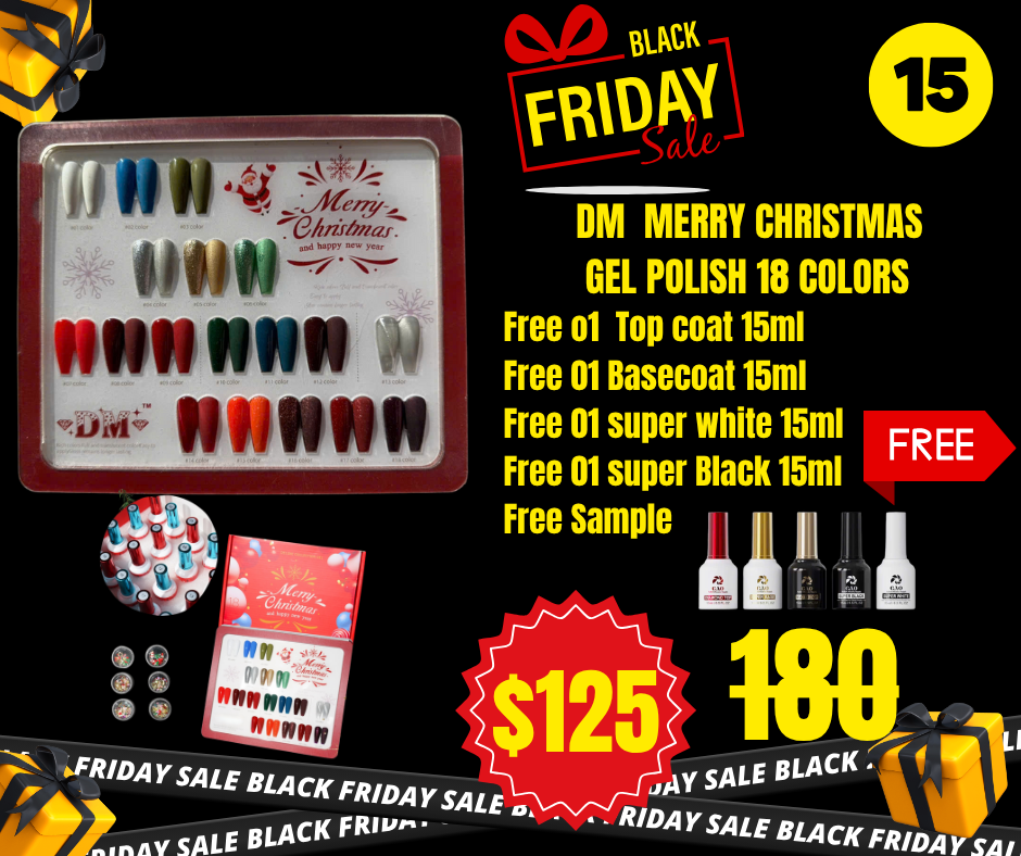 BF15: DM Merry Christmas Gel Polish Collection 18 colors Free Sample, Free 01 Topcoat 15ml; Free 01 Basecoat 15ml; Free 01 Super White 15ml; Free Super Black 15ml