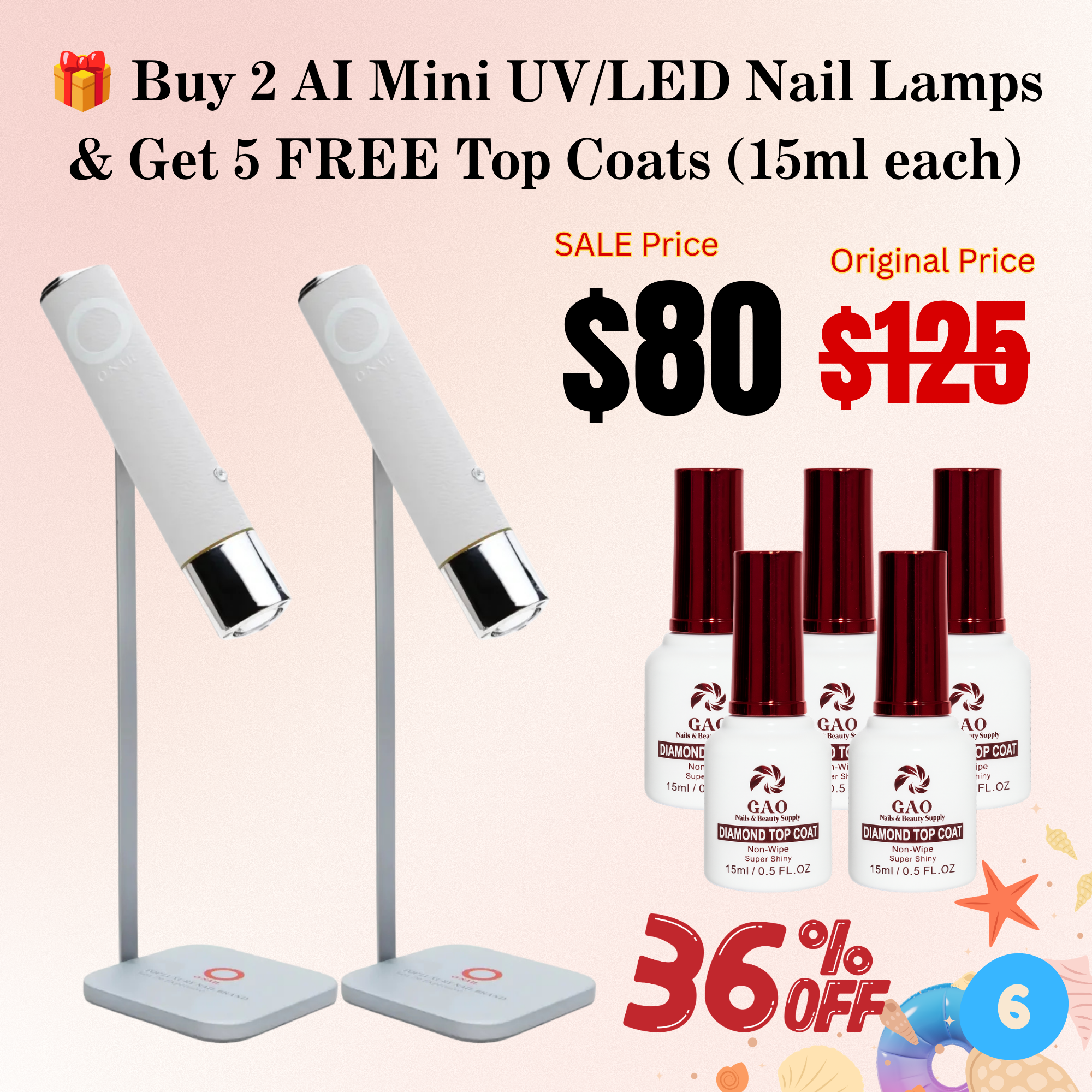 7.6 Buy 2  ONAIL AI Mini UV/LED Nail Lamps & Get 5 FREE Top Coats (15ml each)