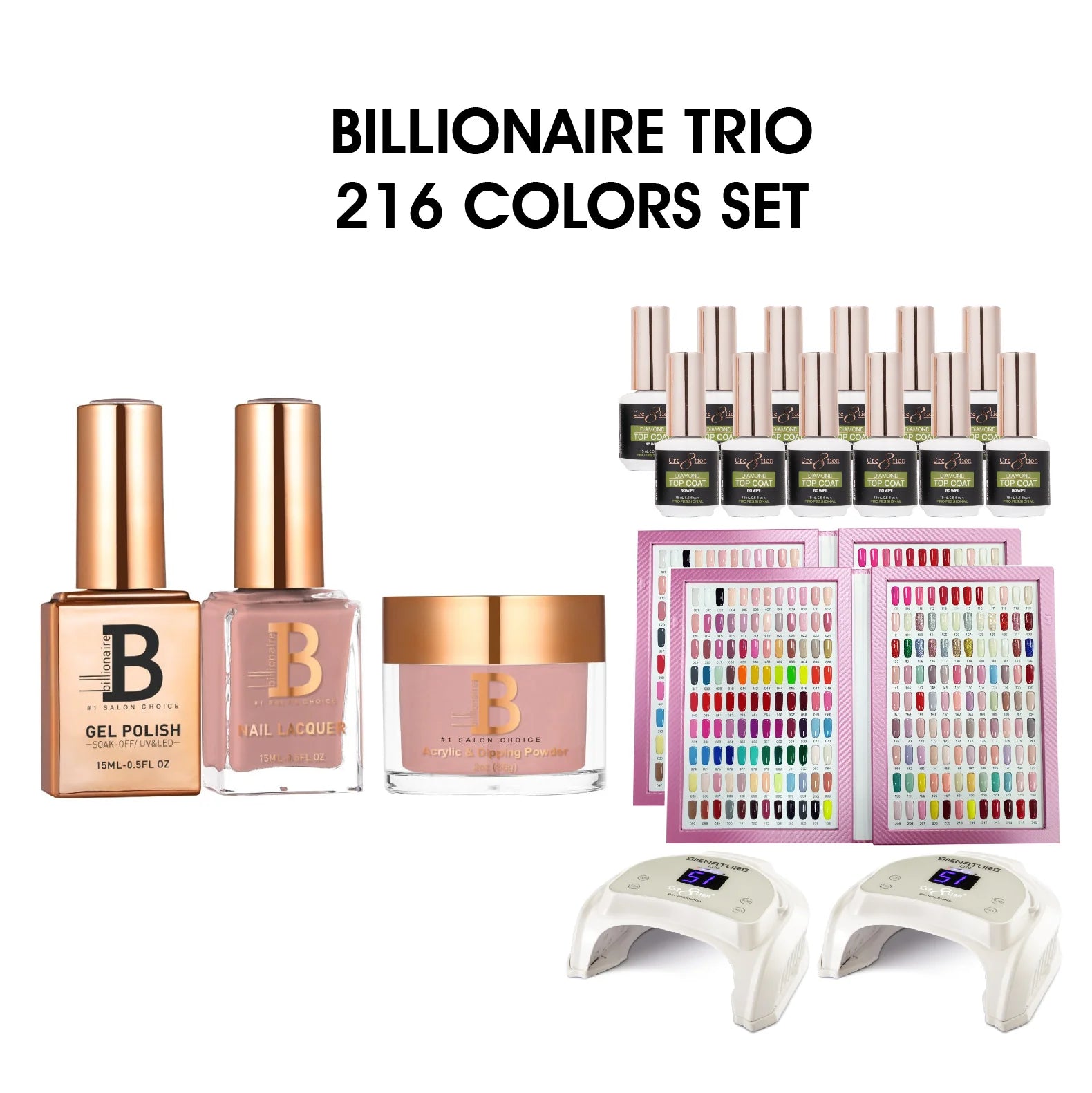Billionaire Trio Matching Color – Full 216 Colors Set with 2 Color Books, 2 Cre8tion Signature White LED Lamps & 12 Top Diamond 0.5oz