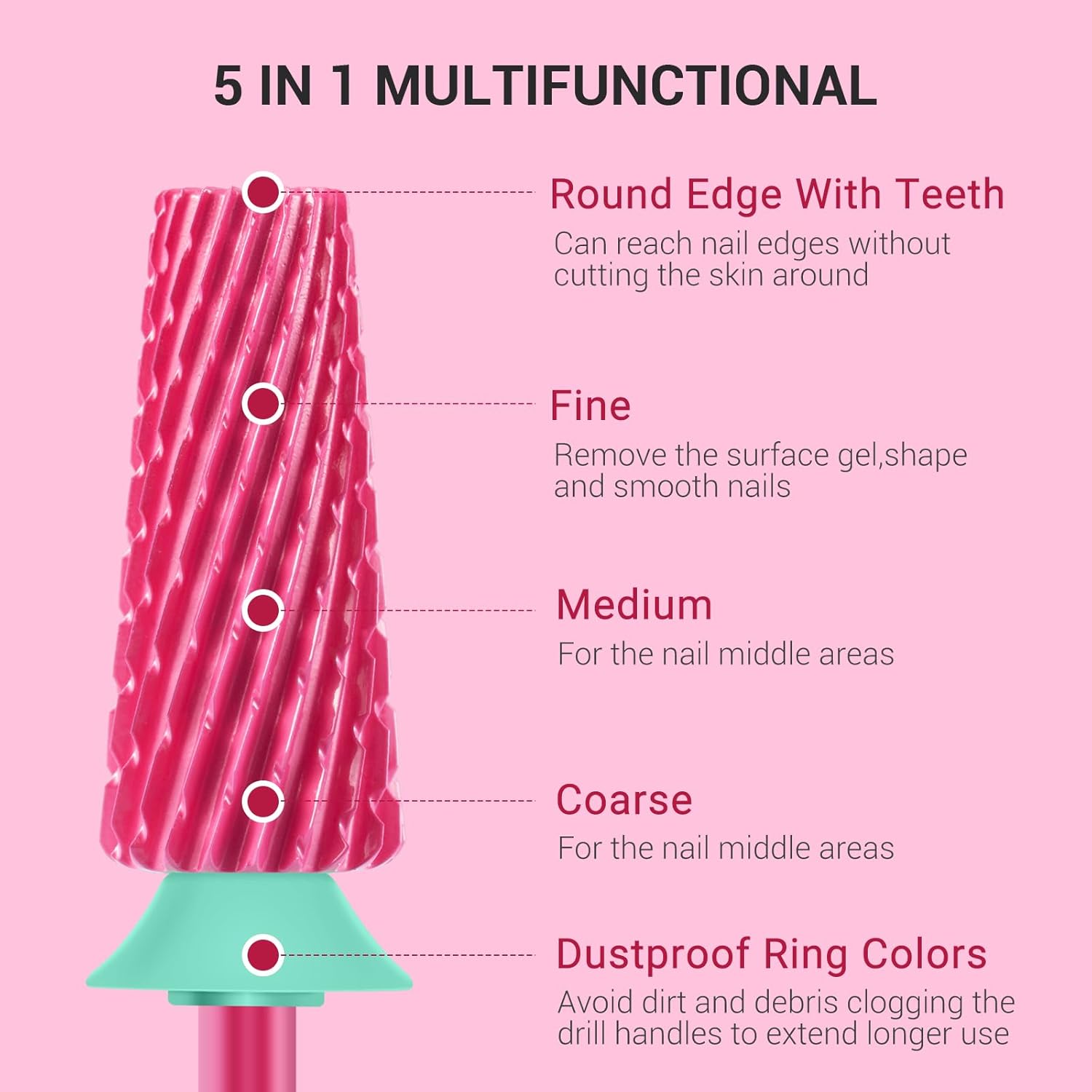 5-in-1 Pink  Blossom Safety Carbide Nail Drill Bit – -XC- C/M/F set 4pcs