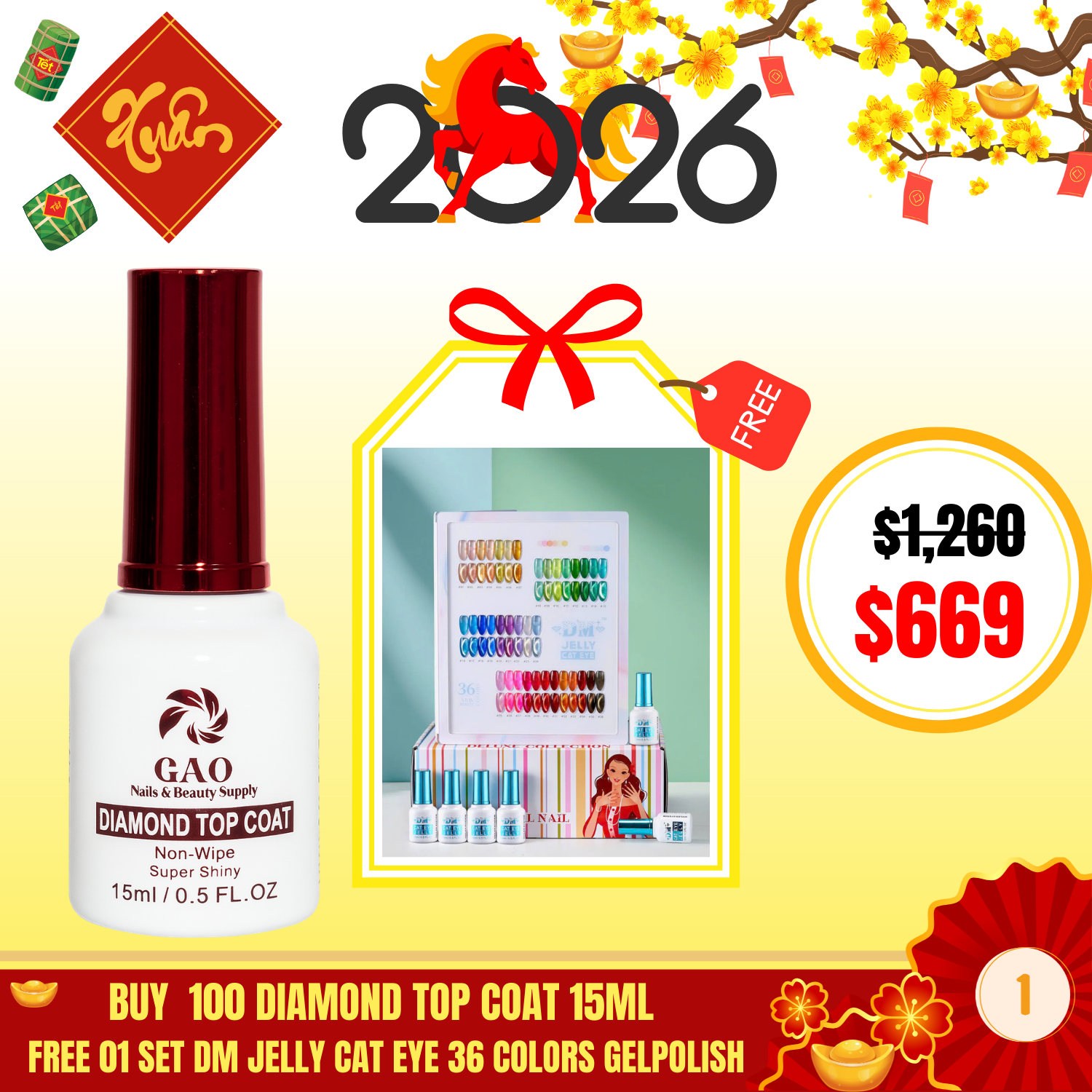 BT01: BUY  100 DIAMOND TOP COAT 15ML  FREE 01 SET DM JELLY CAT EYE 36 COLORS GELPOLISH