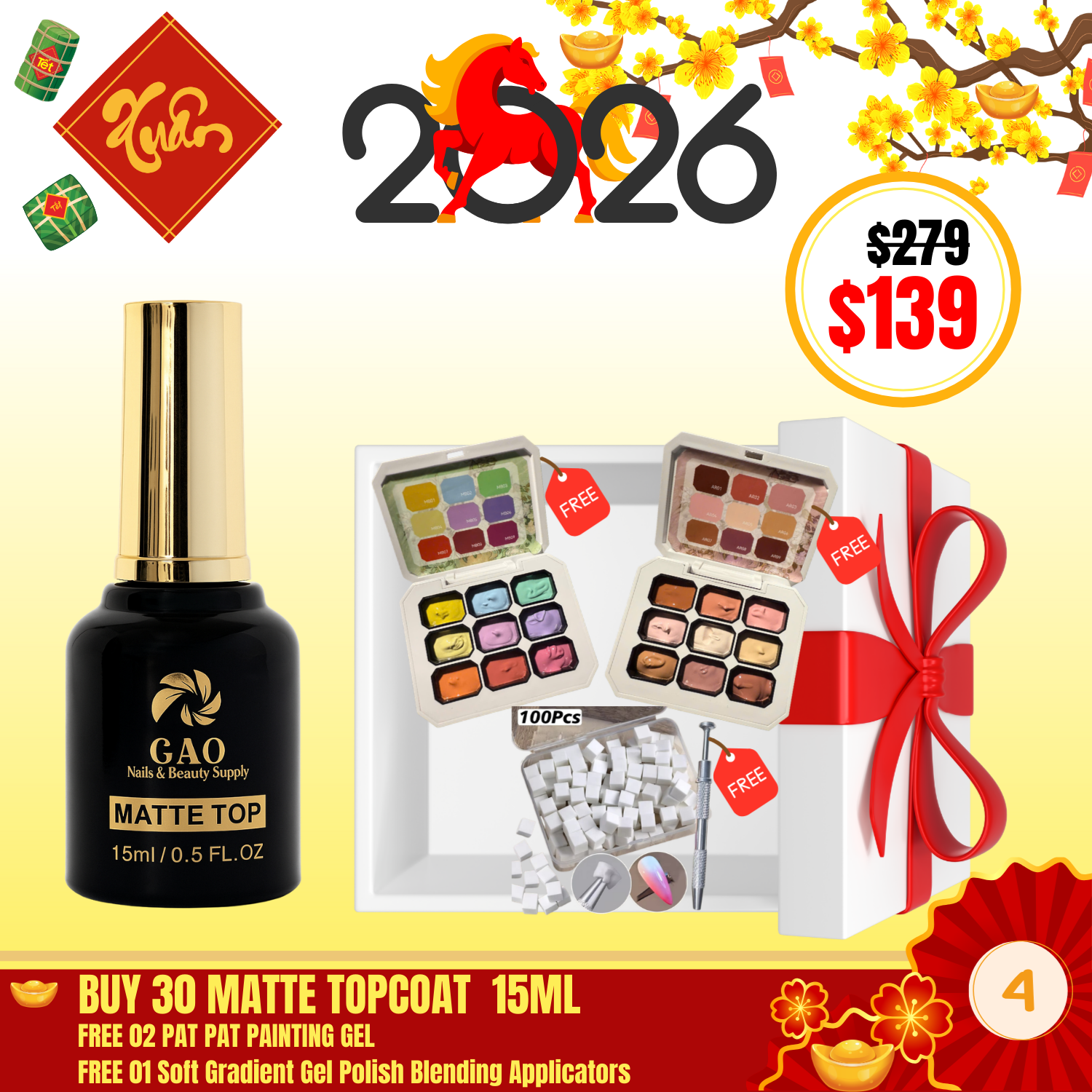 BT04: BUY 30 MATTE TOPCOAT  15ML FREE 02 PAT PAT PAINTING GEL  FREE 01 Soft Gradient Gel Polish Blending Applicators