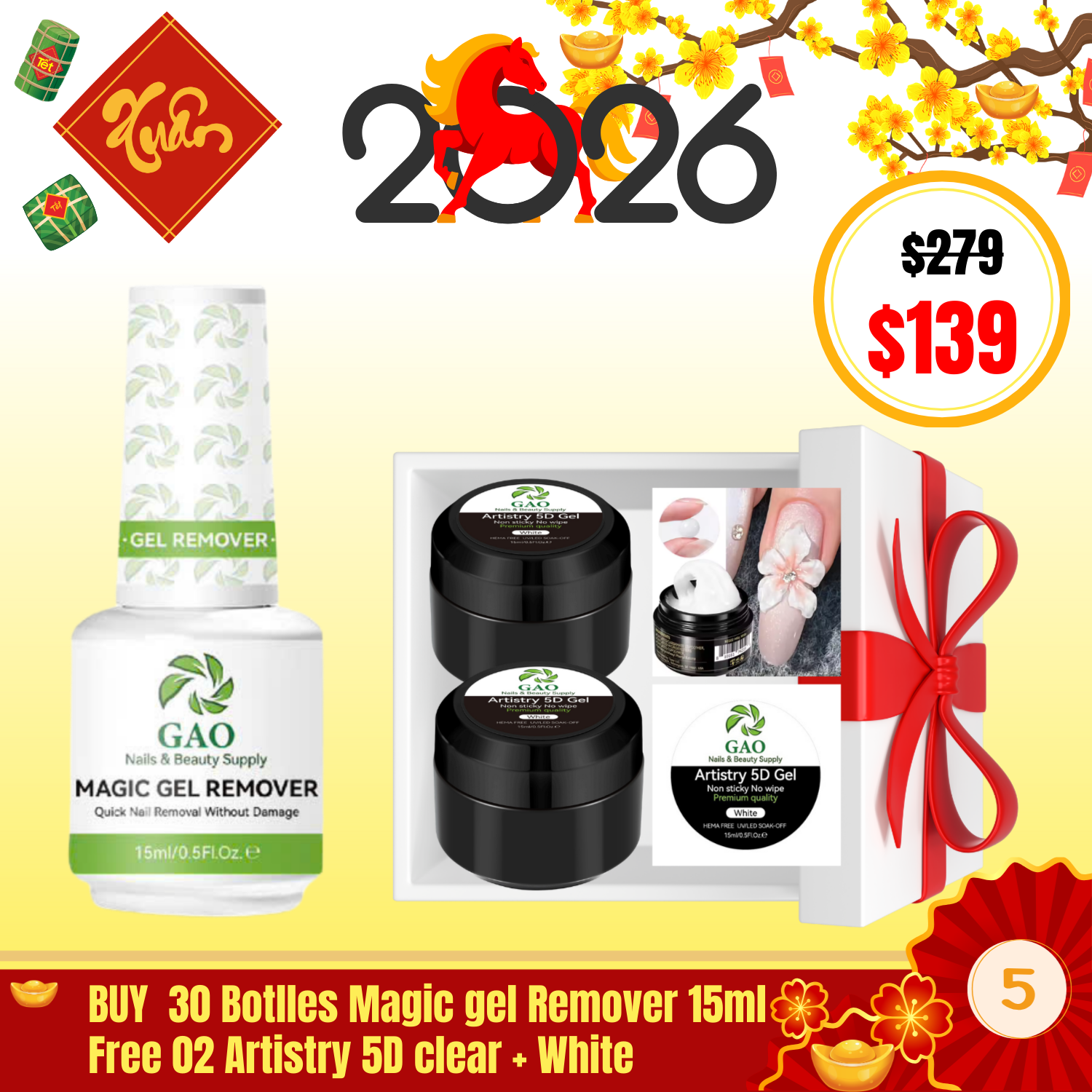 BT05: BUY  30 Botlles Magic gel Remover 15ml Free 02 Artistry 5D clear + White