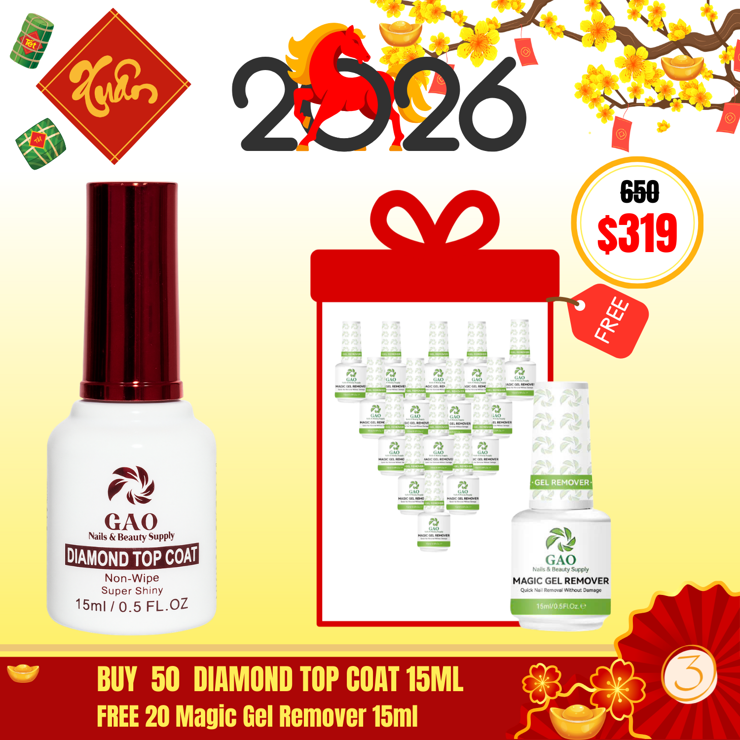 BT03: BUY  50  DIAMOND TOP COAT 15ML  FREE 20 Magic Gel Remover 15ml