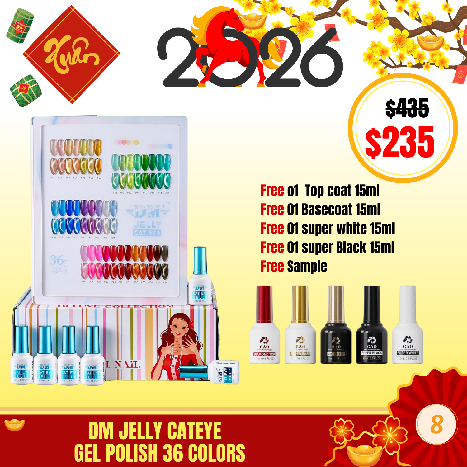 BT08: DM JELLY CATEYE   GEL POLISH 36 COLORS Free o1  Top coat 15ml Free 01 Basecoat 15ml Free 01 super white 15ml  Free 01 super Black 15ml Free Sample
