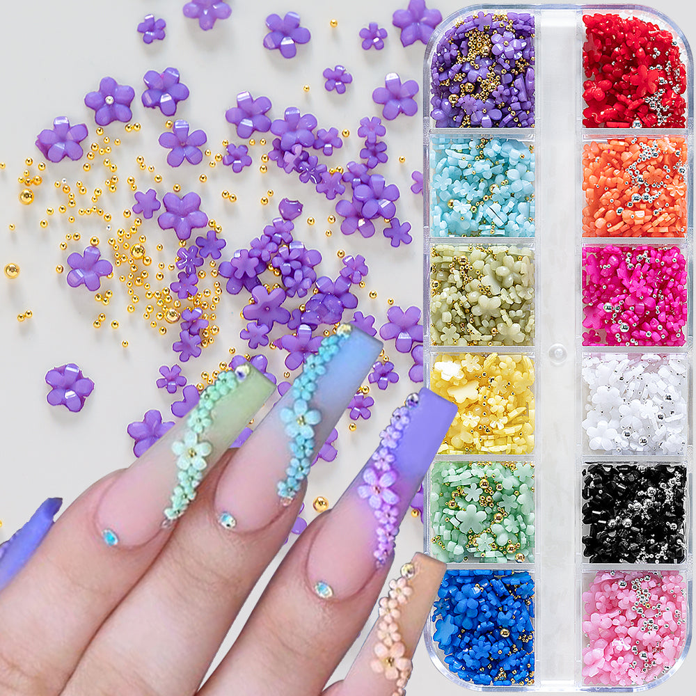 3D Flower Nail Art Charms for Women & Girls-12 Colors with Rhinestones & Caviar Beads DIY Easter Design Resin Material