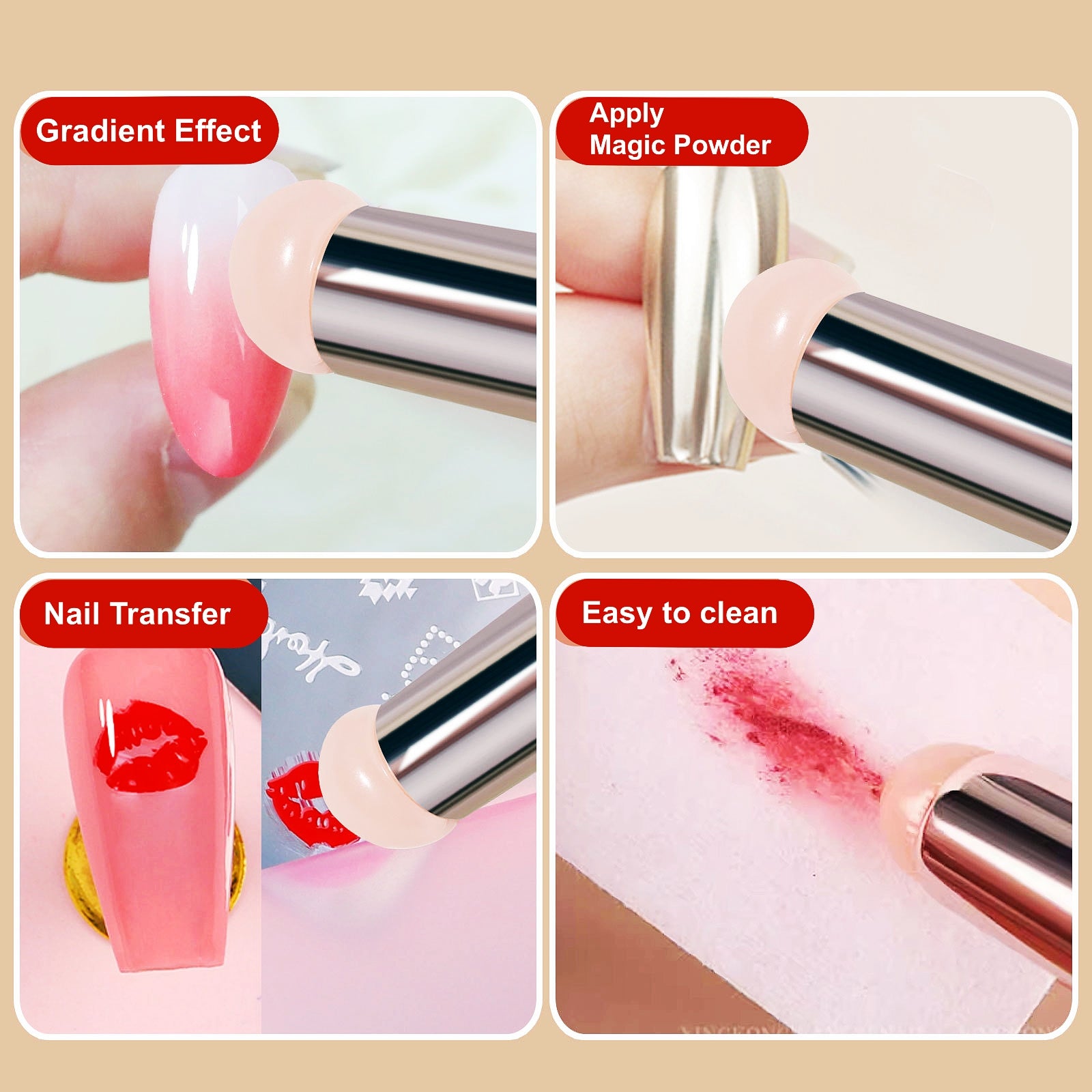 Lipstick-Shaped Silicone Brush for Apply Chrome Nails and Ombre Blending