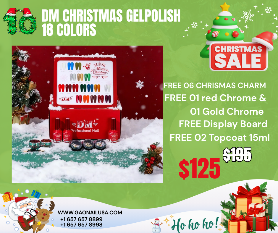 Xmas10: DM Chrismas set 18 clolors Free Display Board, Free 01 Red Chrome; Free 01 gold Chrome; Free 02 Topcoat 15ml; Free 06 Christmas Charm